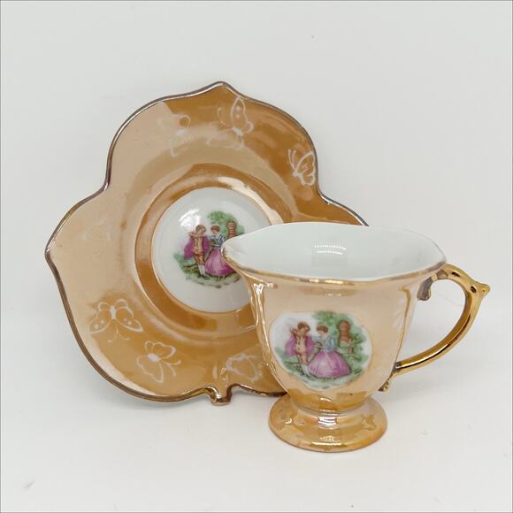 Vintage Demitasse Tea Cup and Saucer Plate Colonial Courting Couple - Picture 1 of 6